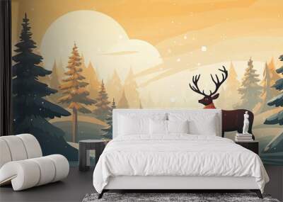 Two Deer in a Snowy Forest Under a Golden Sky Wall mural