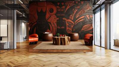 Two Orange Leather Chairs in a Modern Living Room with a Carved Wooden Wall Wall mural