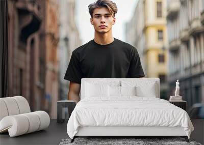 Young Man Wearing Black T-Shirt Standing in Urban Setting Wall mural