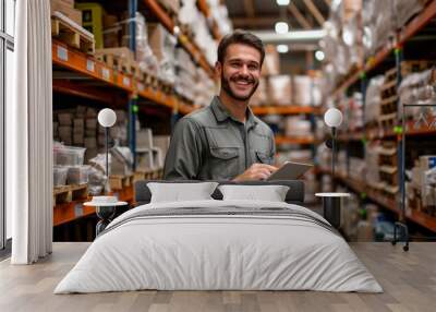 Cheerful Male Salesman With Tablet in Hardware Store Warehouse Wall mural