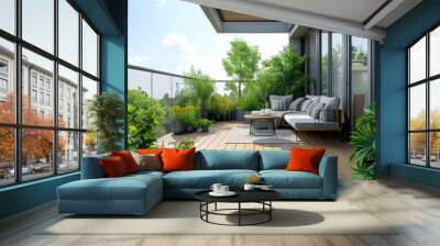 Contemporary Urban Home Balcony with Wooden Decking, Greenery, and Outdoor Furniture Set Under Clear Blue Sky Wall mural