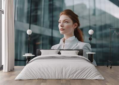 Woman in Neutral Business Attire Posing Against Modern Glass Building. Generative AI. Wall mural