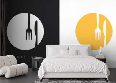 cutlery logos set. fork and knife on a plate. vector illustration Wall mural