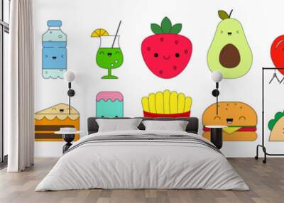 Food icons. Kawaii style. Set. Funny cartoon food with facial expression and emotions. Collection. Vector illustration Wall mural