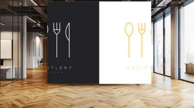 Set of cutlery logos in linear style. Spoon, fork and knife. Vector illustration Wall mural