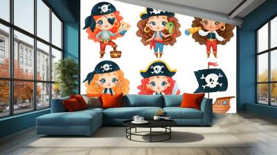 Cute cartoon pirate girls set. Pirate ship isolated on white background Wall mural