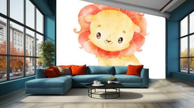 Digital watercolor. Digitally drawn illustration of a cute cartoon lion. Cute tropical animals. Wall mural