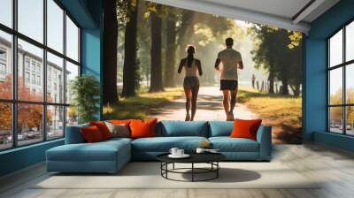 An adult couple on a morning jog in a sunny forest. Healthy lifestyle concept Wall mural