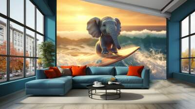 Elephant surfer on a surfboard, having fun on the sea waves, animal surfing on the beach, summer,  funny picture , AI Generative. Wall mural