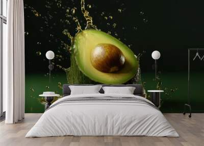 Levitation sliced avocado with drops of oil splash , isolated on green background, organic healthy, flying food. AI generative Wall mural