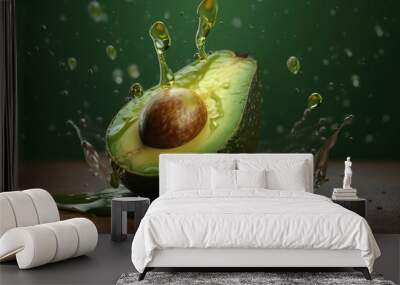 Levitation sliced avocado with drops of oil splash , isolated on green background, organic healthy, flying food. Wall mural