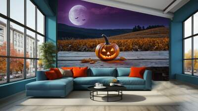 halloween table old wooden plank with orange pumpkin  Wall mural