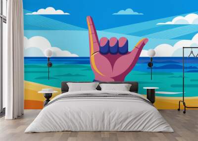 Cartoon vector illustration Closeup of hand showing surfers shake sign against background of sea, beach. Concept is rest, freedom, relaxation, pleasure, summer time. Used in hawaiian and surfer cultur Wall mural