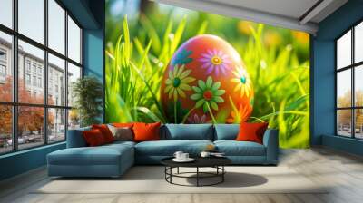 A Colorful Easter Egg Hidden in Lush Green Grass, Macro Photography, Springtime, Easter Egg, Flower Design, Green Grass, Easter Wall mural