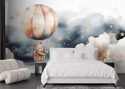 Bear in Hot Air Balloon Dreaming of Stars Watercolor Illustration, watercolor painting, hot air balloon, nursery art Wall mural