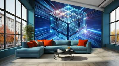 Digital Cube with Blue Light Streaks, 3D Render, Abstract, Geometric, Technology, futuristic, technology Wall mural