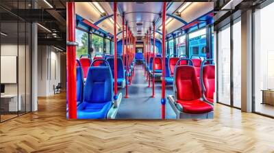 Empty Bus Seats A View from the Back, Red and Blue Seats, Modern Interior, Public Transport, Travel, City Wall mural