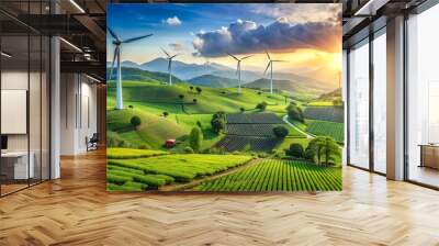 Green Hills, Wind Turbines, and Golden Sunset, Wind Energy, Renewable Energy, Sustainable Farming, Landscape Photography Wall mural