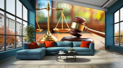 Scales of Justice with Gavel on Wooden Table, law , court , justice , judgement Wall mural