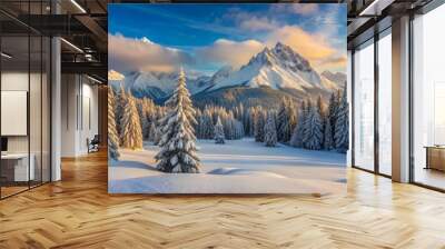 Snowy Mountain Peak at Sunset, with Pine Trees in Foreground, Winter Wonderland, Snow-Covered Mountains, Sunrise, Mountain Landscape, Forest Wall mural