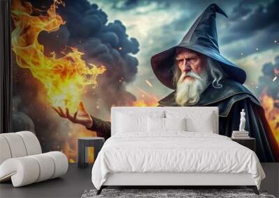 The Fire Mage's Command, a single wizard holding a flaming sphere in his hand, against a dark stormy sky with fire in the background, magic, wizard, fire, sorcery Wall mural