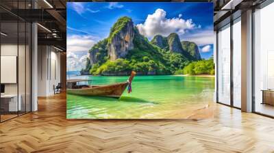 Tranquil Longtail Boat in a Lush Tropical Paradise, Thailand, tropical beach, longtail boat, paradise island Wall mural