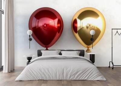 Two Shiny Balloons, One Red One Gold on a White Background, 3D Render, Balloon Design, Celebration, Festive, Party Wall mural