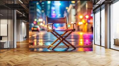 Urban Solitude Cinematic Director's Chair in Vibrant Night Cityscape - Symbolizing Anticipation and Isolation Wall mural