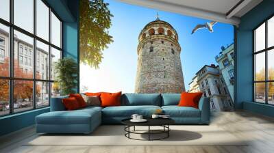 Galata Kulesi Tower and street in the old city of Istanbul, Turkey. Ancient Turkish famous landmark in Beyoglu district, European side. Architecture of the former Constantinople. Wall mural