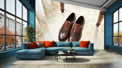 Men's shoes lie on the floor. Different accessories of businessman for creating style of  people on  wooden background Wall mural