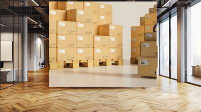 3D rendering, logistic concept,  cardboard boxes stacked in the storage warehouse with a cart Wall mural