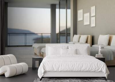 A contemporary hotel bedroom features double queen-size beds and a balcony with a nature view. Wall mural