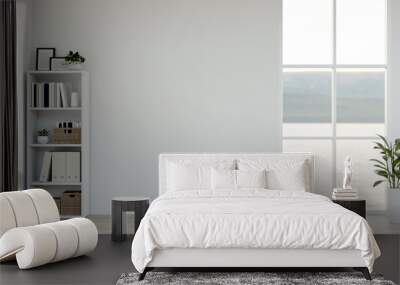 A minimalist white empty room features a space against the white wall and home decor. Wall mural