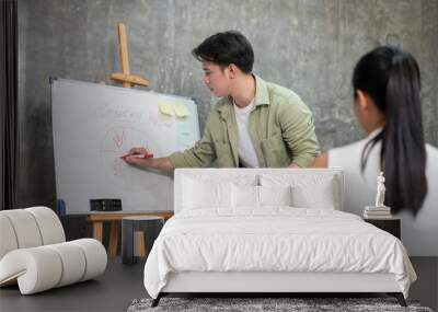 A smart, professional Asian businessman is leading the meeting, writing on a whiteboard. Wall mural