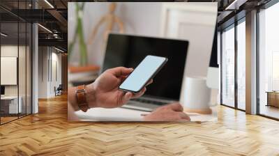 Blank screen mock up mobile phone in man hand at home office. Wall mural