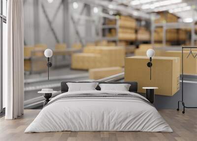 Cardboard boxes on conveyor in a modern distribution warehouse preparing to ship to customers. Wall mural