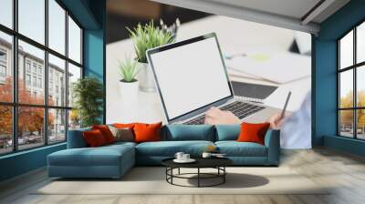 Close-up view of young businesswoman typing on laptop computer Wall mural