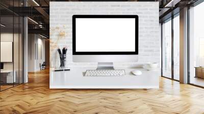 Comfortable workplace with modern desktop computer. Blank screen for graphic display montage. Wall mural