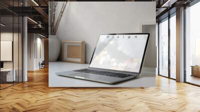 Cropped shot of modern workplace with blank screen laptop on white desk next to window Wall mural