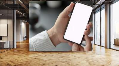 Cropped shot of professional businessman holding blank screen smartphone in dark modern office Wall mural