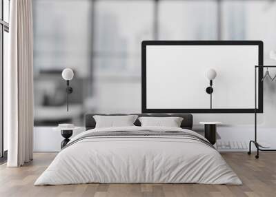 Cropped shot of simple workspace  with blank screen computer on white table with blurred office room Wall mural