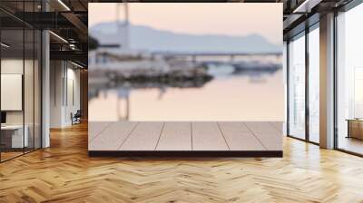 Empty of wood table top for product display with blurred  lake harbour view in the background Wall mural