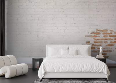 Empty white table and white brick wall background. Wall mural