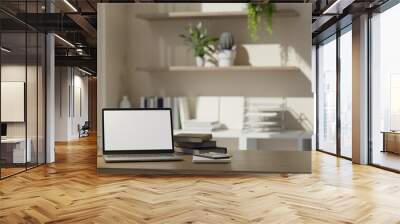 Laptop mockup and decor on wood table in modern bright home office. workspace concept Wall mural