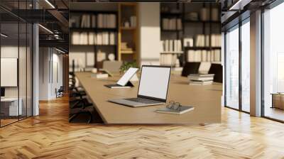 Laptop on modern wood meeting table in modern office or library co-working space Wall mural