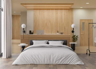 Luxury and minimalist hospital reception counter area in white and wood style with counter Wall mural