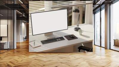 Minimal comfortable white office room interior designs with computer desk, PC computer mockup Wall mural