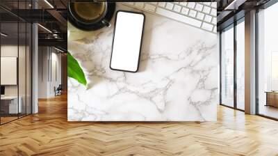 Mock up blank screen mobile phone on marble office desk Wall mural