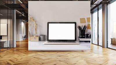 Mock up of blank screen laptop on the desk. Work space Mock up white tabletop vintage camera and pencils on white wood desk with copy space for products display montage. work space concept. Wall mural