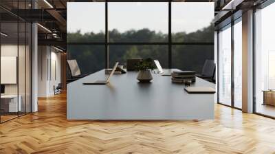 Modern contemporary meeting room with meeting table by the glass wall, armchairs and supplies. Wall mural